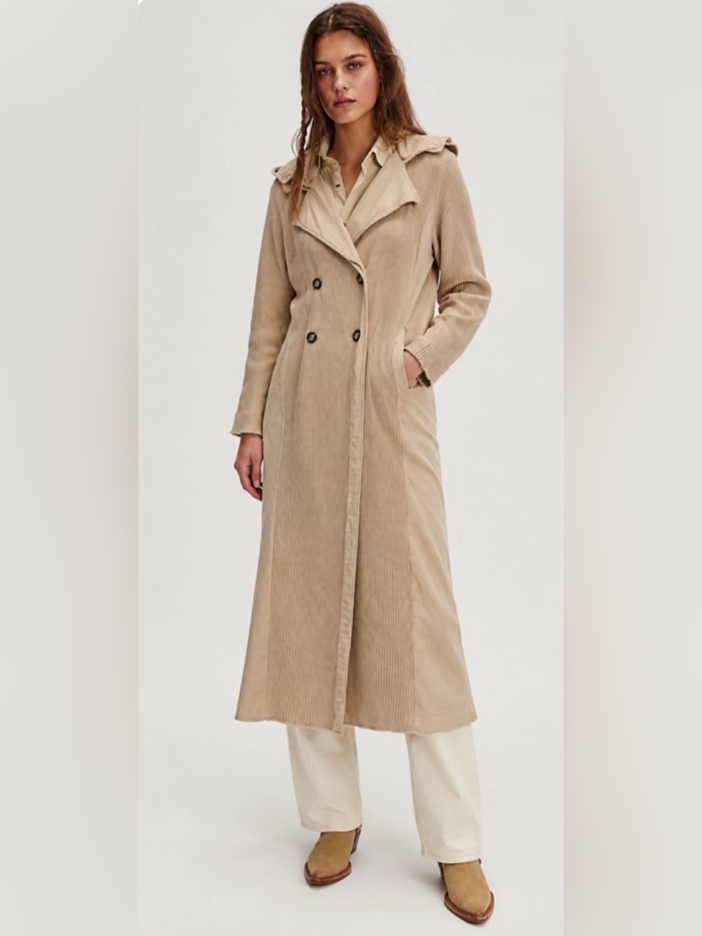 Free People Fp One 100% Cotton Landon Jacket Beige Longline Duster Coat Size XL